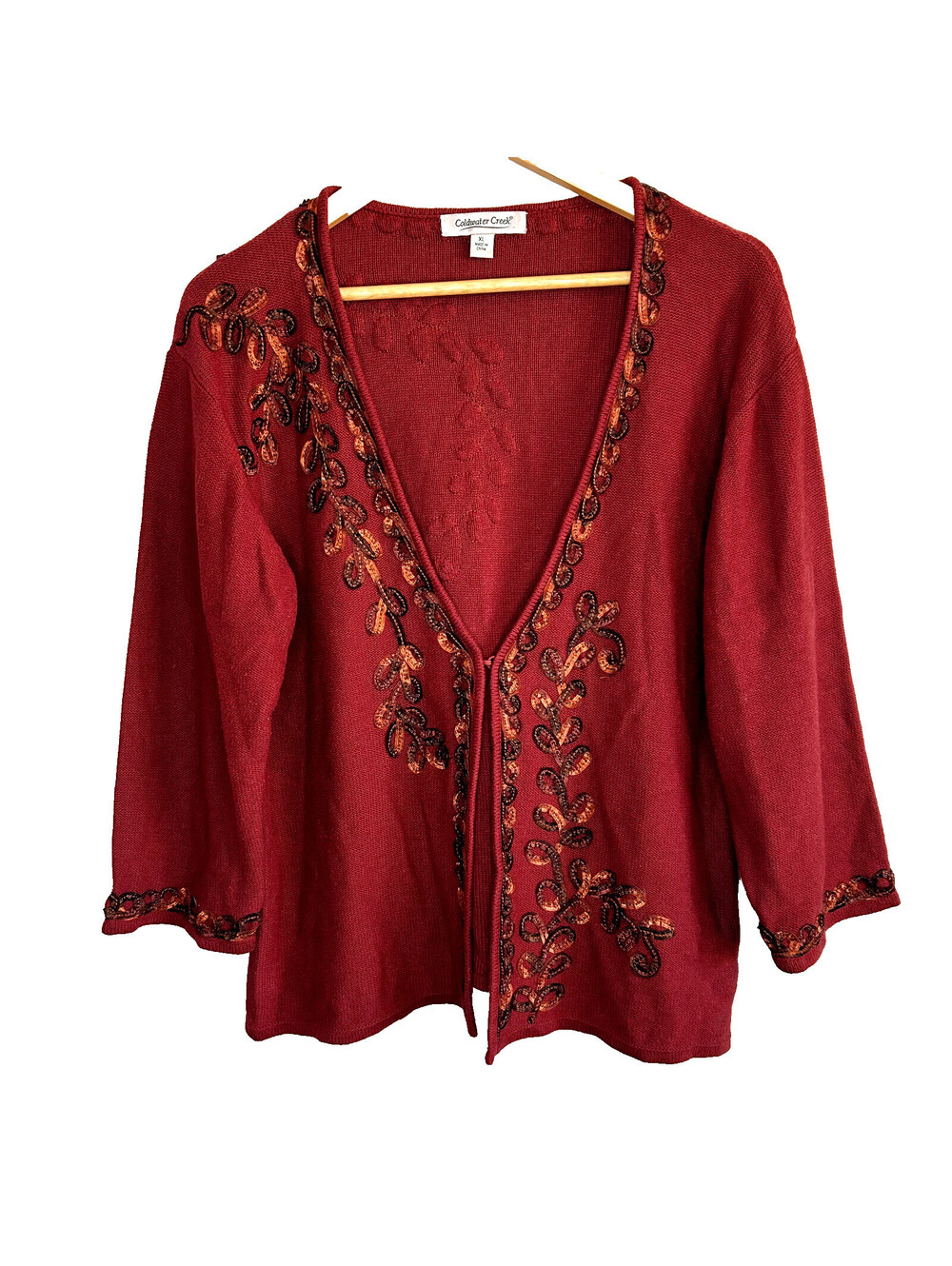 Coldwater Creek Beaded Cardigan Womens XL Burgundy Floral Embellished Boho Knit - Picture 2 of 8